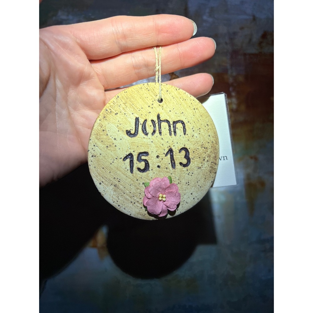 Handmade Ceramic John 15:13 Scripture Ornament Rustic Yellow Flower 2024 Dated